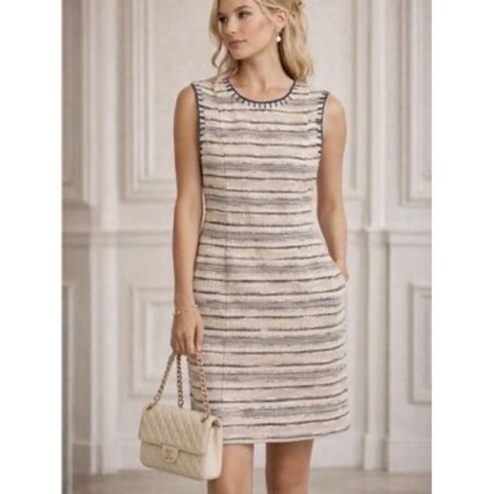 Tory Burch Nicole Tweed Embroidered Sheath Dress Sleeveless Cream Size 4 Office
